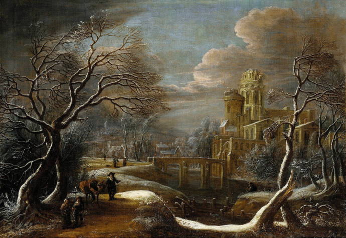 Зимний пейзаж с путешественниками вокруг замка / Теодор ван Хайл - Theodore van Heil