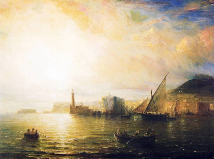 Морской вид с портом и маяком. 1852 г. / Теодор Жан Антуан Гюден - Thodore Jean Antoine de Gudin