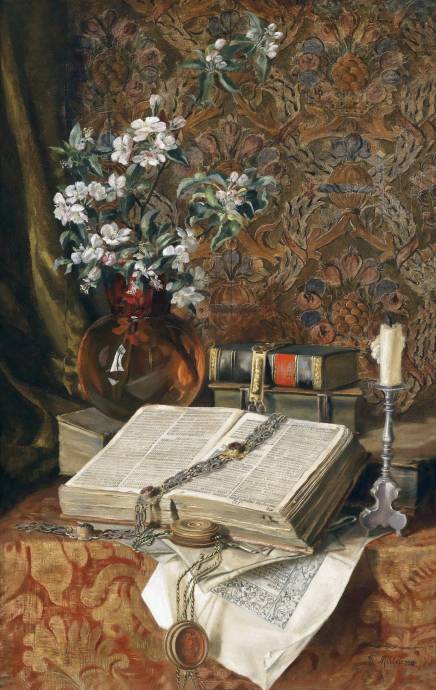 Натюрморт из книг, первоцвета и подсвечника / Франческо Малакри - Francesco Malacrea