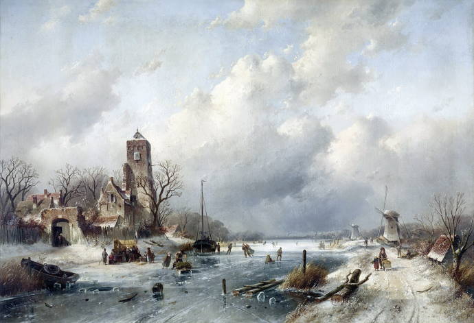 Городок на реке зимой / Чарльз Генри Жозеф Лейкерт - Charles Henri Joseph Leickert
