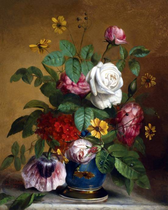 Букет из цветов в голубой вазе. 1890 г. / Работа неизвестного автора 998