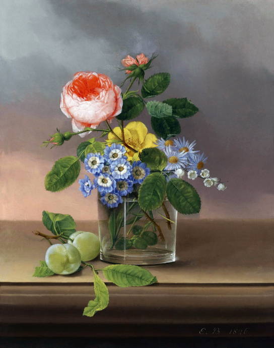 Натюрморт из цветов в стакане и слив / Эмиль фон Баттнер - Emilie von Buttner