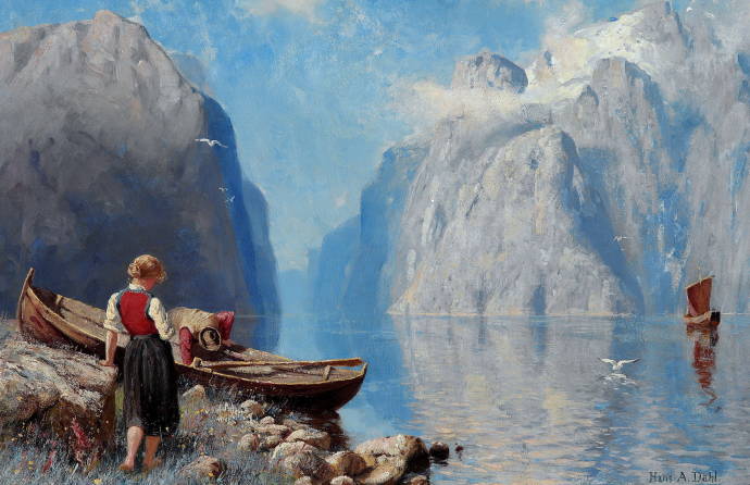 Пейзаж с фьордом и лодкой на берегу / Ханс Андреас Даль - Hans Andreas Dahl