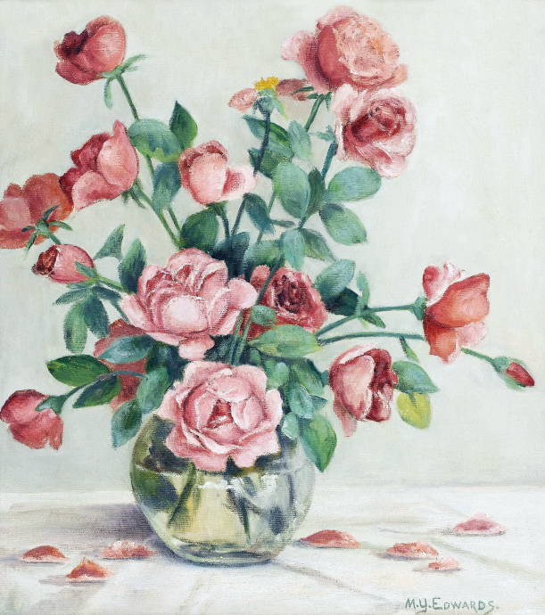 Натюрморт из красных роз в стеклянной банке / Мэри Эдвардс - Mary Y