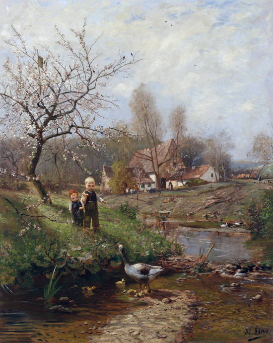 Весенний пейзаж с двумя детьми и гусем / Адольф Линк - Adolf Link