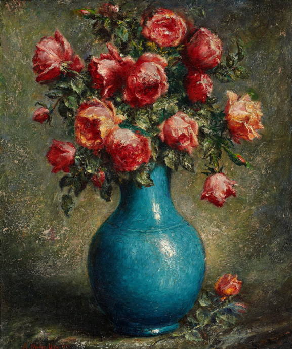 Натюрморт с розами в голубой вазе / Адольфо Фелис Мюллер Уру - Adolfo Felice Muller Ury