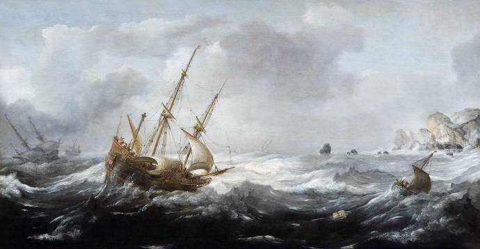 Корабль в шторм у скалистого берега / Ян Порцеллис - Jan Porcellis