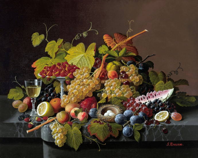 Натюрморт с фруктами и бокалом вина / Северин Розен  - Severin Roesen
