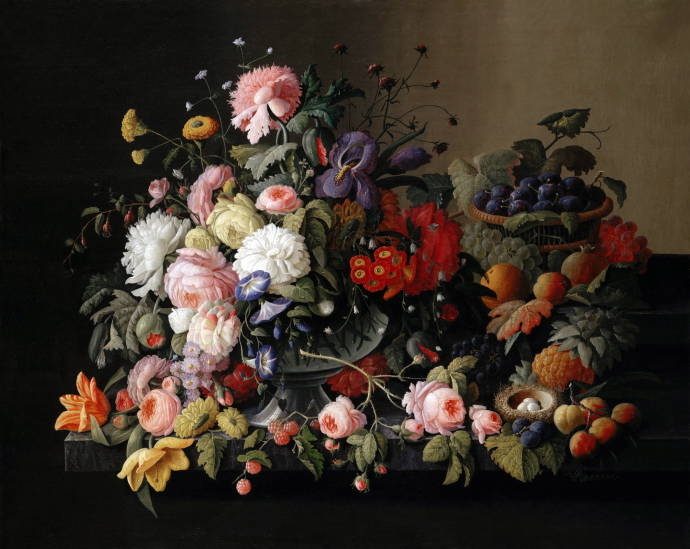 Натюрморт с цветами, сливами и гнездом / Северин Розен  - Severin Roesen