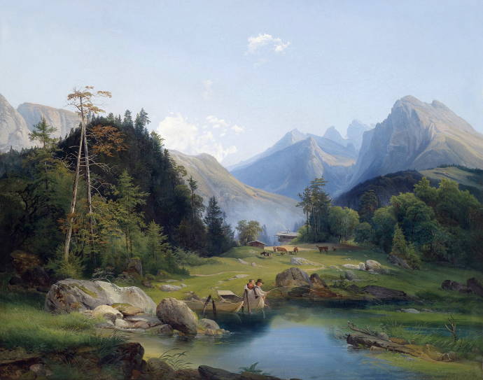 Горный пейзаж с домиком и прудом / Йозеф Хольцер - Josef Holzer