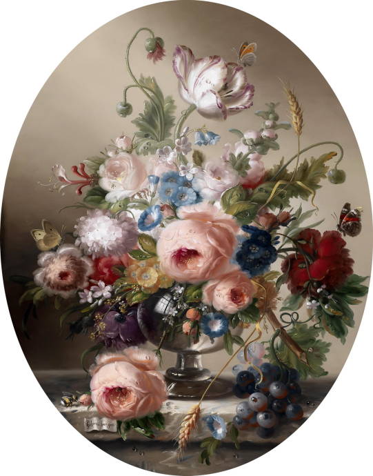Натюрморт из цветов в стеклянной вазе и колосьев / Хильдегард Швамбергер - Hildegard Schwammberger