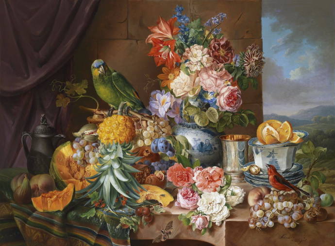Большой натюрморт с птицами и фруктами / Йозеф Шустер - Josef Schuster