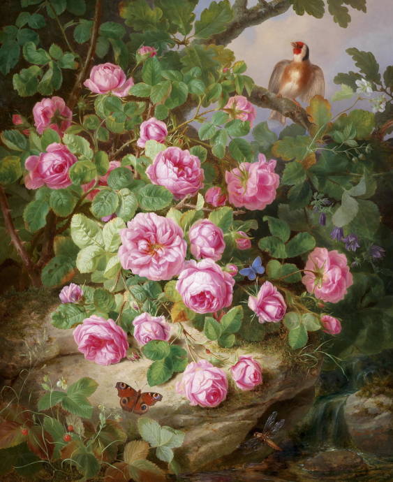 Большой натюрморт с розами, бабочкой и птицей. 1870 г. / Йозеф Лауэр - Josef Lauer