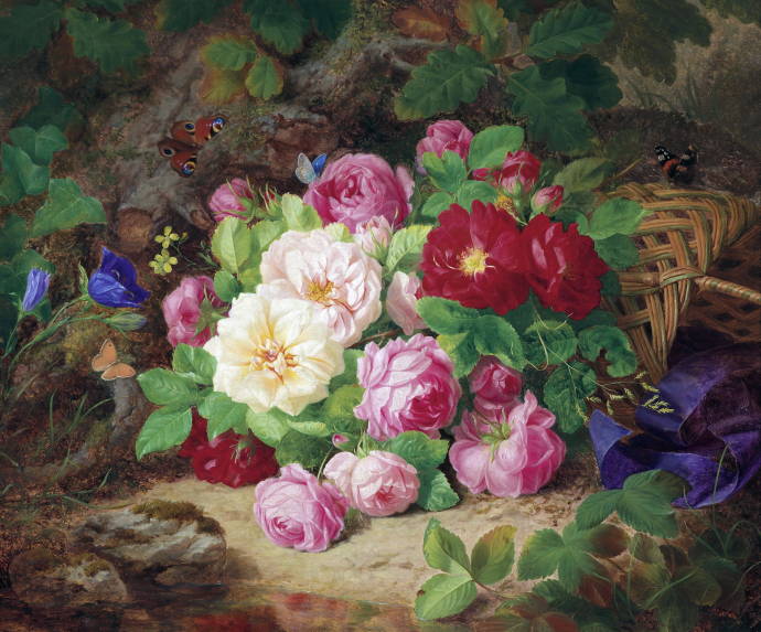 Букет из роз на земле с бабочкой / Йозеф Лауэр - Josef Lauer