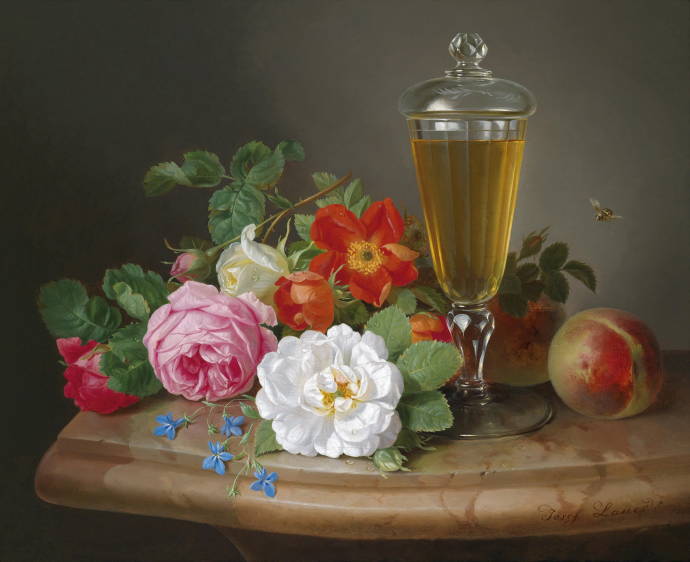 Натюрморт с розами и персиком / Йозеф Лауэр - Josef Lauer