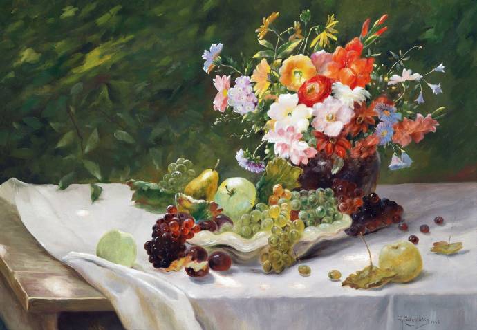 Натюрморт из цветов и фруктов в раковине / Алуа (Алоис) Забелики - Alois Zabelicky