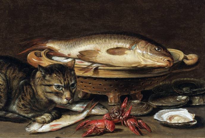 Натюрморт с рыбой, устрицами и кошкой / Клара Питерс - Clara Peeters