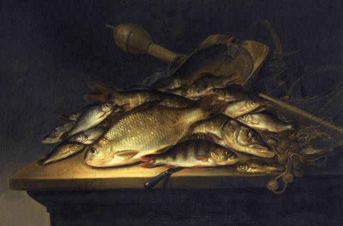 Натюрморт с рыбой, удочкой и сетью / Питер де Пюттер - Pieter de Putter
