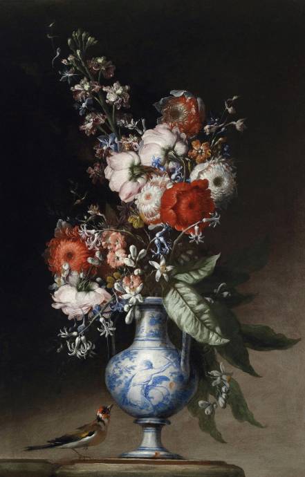 Натюрморт с цветами в голубой вазе и птицей / Ян Франс ван Даел - Jan Frans van Dael