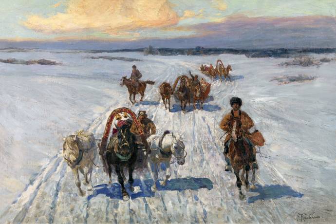 Крестьяне на тройках зимой / Рубо Франц Алексеевич - Franz Roubaud