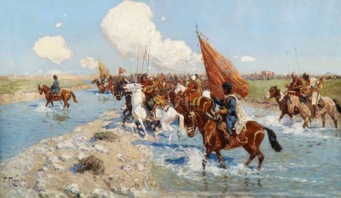Черкесские всадники пересекают ручей / Рубо Франц Алексеевич - Franz Roubaud