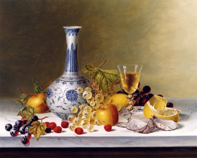 Натюрморт с вазой, бокалом вина и фруктами / Рой Ходриен - Roy Hodrien