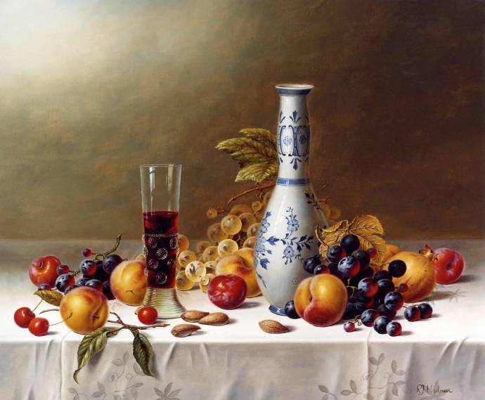 Натюрморт с вазой, красным вином и фруктами / Рой Ходриен - Roy Hodrien