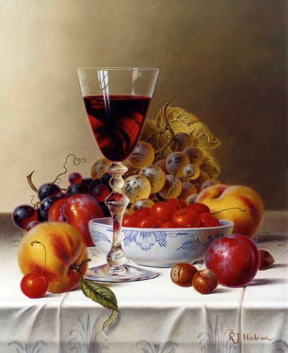 Натюрморт с красным вином и вишнями / Рой Ходриен - Roy Hodrien