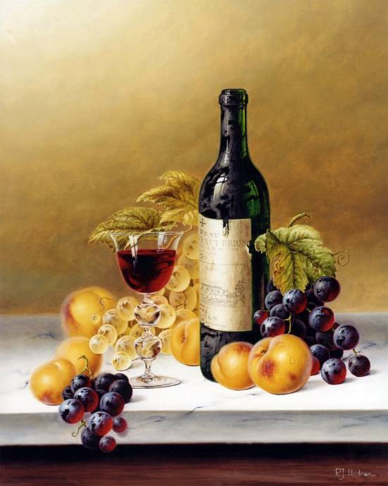 Натюрморт с красным вином и фруктами на мраморе / Рой Ходриен - Roy Hodrien