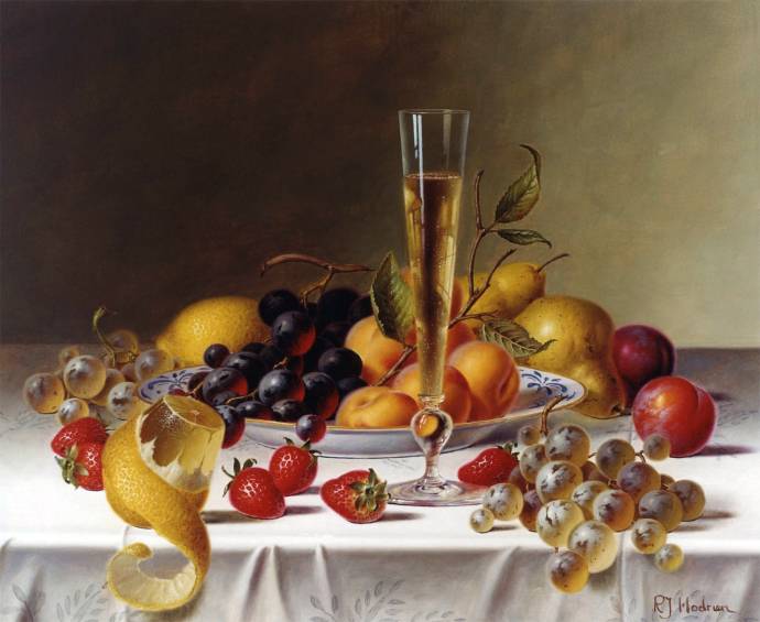 Натюрморт с фруктами на тарелке и шампанским / Рой Ходриен - Roy Hodrien