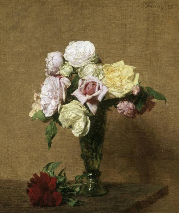 Натюрморт с розами в стеклянной вазе / Анри Фантен Латур - Henri Fantin Latour