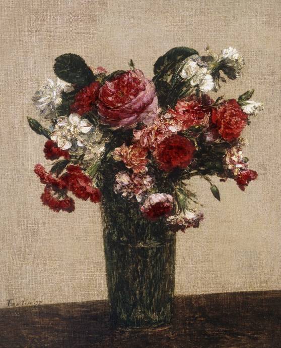 Натюрморт с розами и гвоздиками в вазе / Анри Фантен Латур - Henri Fantin Latour