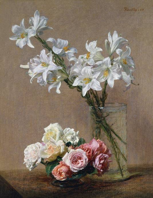 Натюрмортс розами и белыми цветами в вазе / Анри Фантен Латур - Henri Fantin Latour
