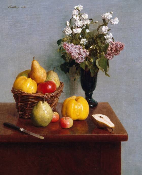 Цветы в вазе и фрукты в корзинке / Анри Фантен Латур - Henri Fantin Latour