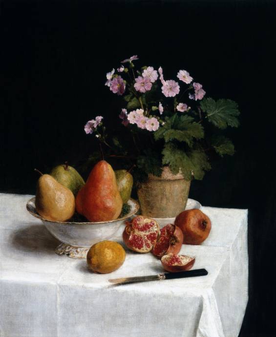 Примулы в горшке на столе с фруктами / Анри Фантен Латур - Henri Fantin Latour