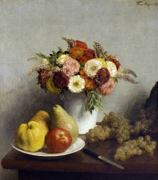 Цветы в белом ведре и фрукты / Анри Фантен Латур - Henri Fantin Latour