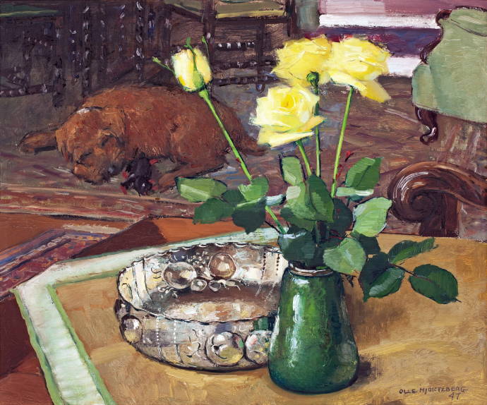 Интерьер с желтыми розами и собакой / Олле Хьёртцберг - Olle Hjortzberg