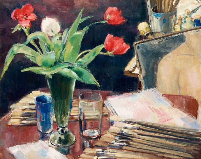 Тюльпаны на столе в мастерской / Олле Хьёртцберг - Olle Hjortzberg