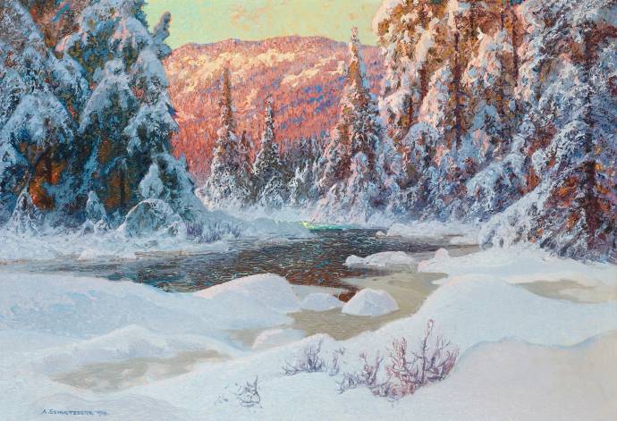 Красный закат в зимнем лесу / Анхелм Шультцберг - Anshelm Leonard Schultzberg
