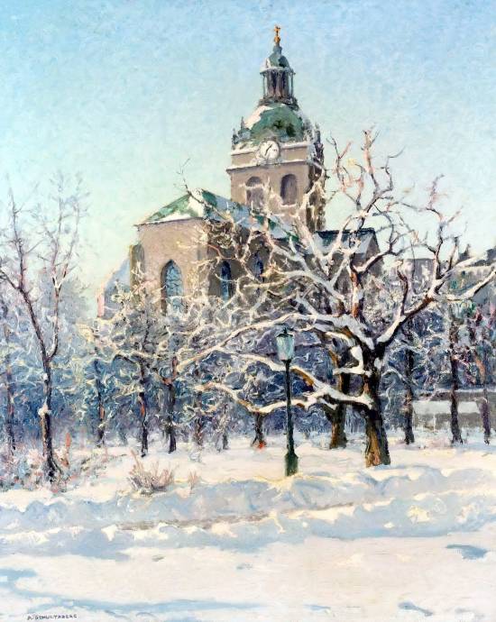 Церковь в парке зимой / Анхелм Шультцберг - Anshelm Leonard Schultzberg