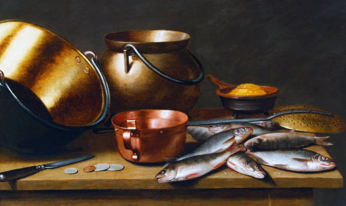 Натюрморт с окунями и посудой / Флорис ван Шутен - Floris Gerritsz van Schooten