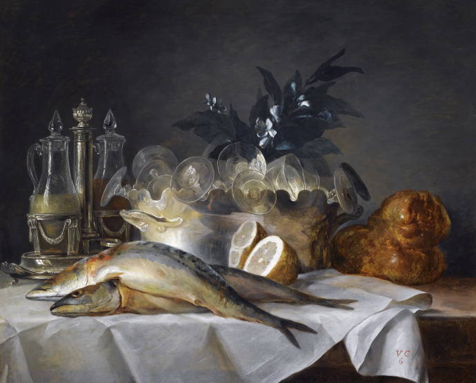 Натюрморт со скумбрией, посудой и буханкой хлеба / Анна Валлаер-Костэр - Anne Vallayer