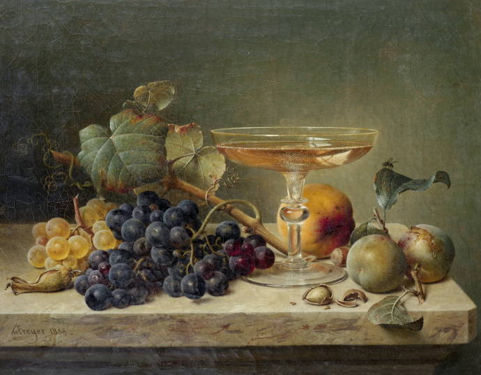 Натюрморт с фруктами, орехами и бокалом вина / Йохан Вильгельм Прейер - Johann Wilhelm Preyer