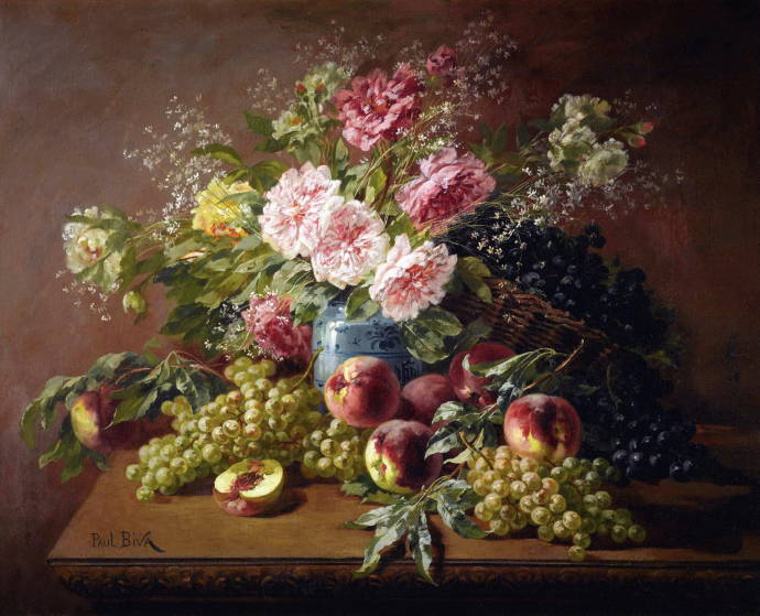 Натюрморт с цветами, персиками и виноградом / Поль Бива - Paul Biva