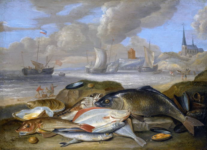 Натюрморт с рыбами в заливе / Ян ван Кессель ст. - Jan van Kessel the Elder