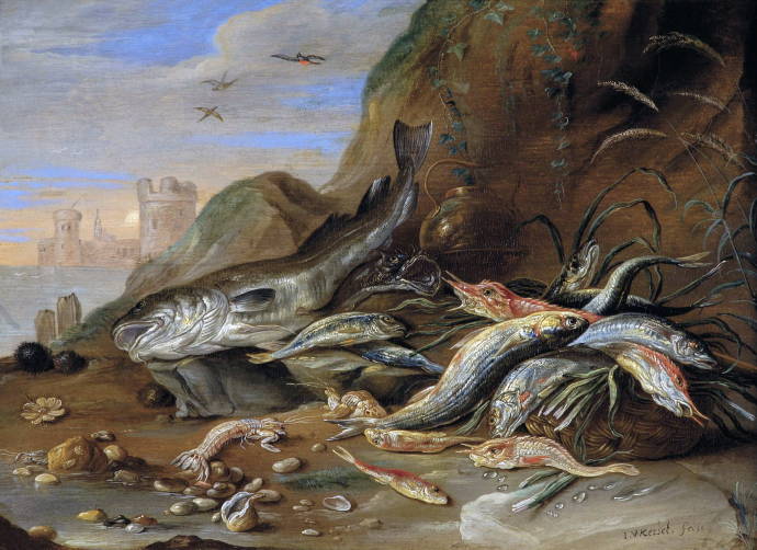 Рыбный натюрморт на берегу моря / Ян ван Кессель ст. - Jan van Kessel the Elder