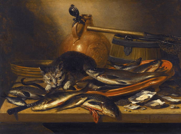 Натюрморт с рыбой и кошкой / Питер Клаец  - Pieter Claesz