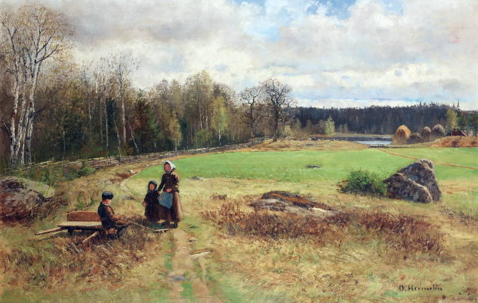 Пейзаж с людьми у деревни ранней весной / Олоф Хермелин - Olof Hermelin