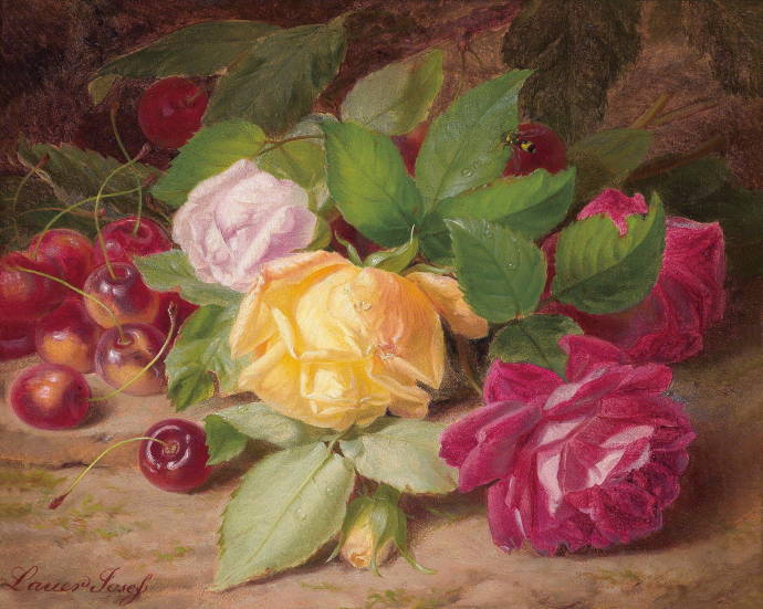 Натюрморт с розами и вишней / Йозеф Лауэр - Josef Lauer