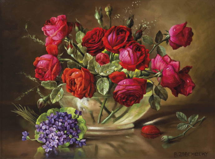 Натюрморт с розами и фиалками / Алуа (Алоис) Забелики - Alois Zabelicky